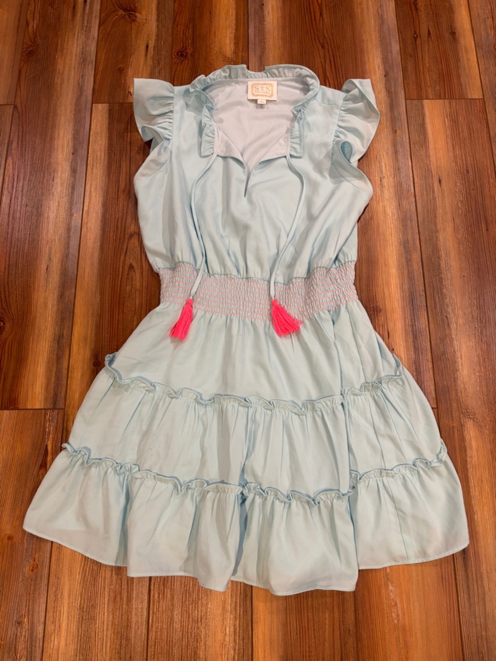Sail to Sable Light Blue Ruffle Tie-Front Dress with Pink Tassels